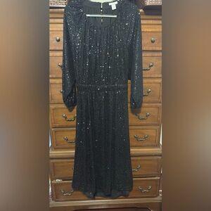 H&M Black Sequin Midi Dress XL Long Sleeve Cut Out Back Party Sparkly Cocktail